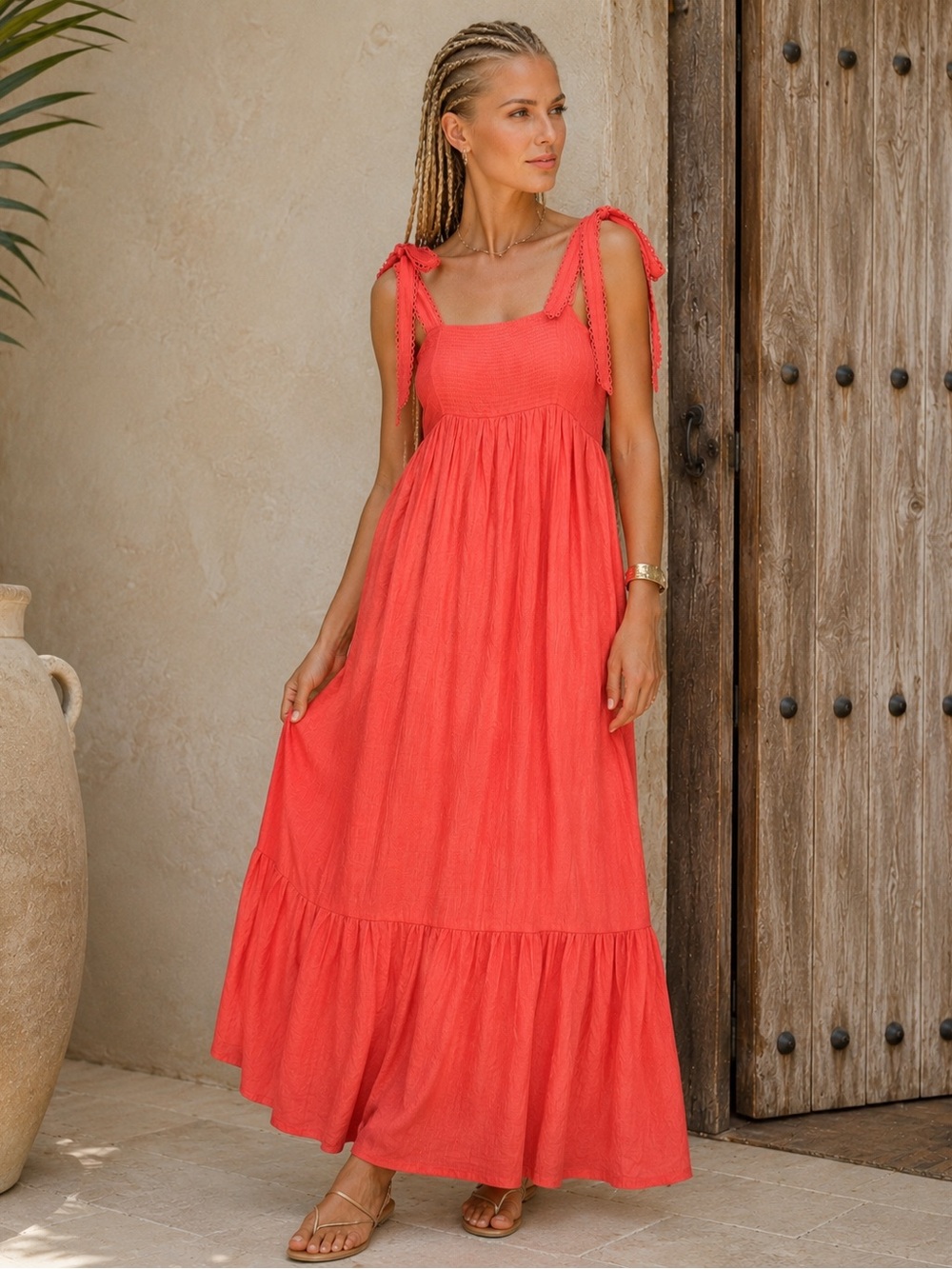 MINE NWOT Coral Wide Scalloped  Straps Bow Tie-Shoulder Maxi Dress Stretch Back